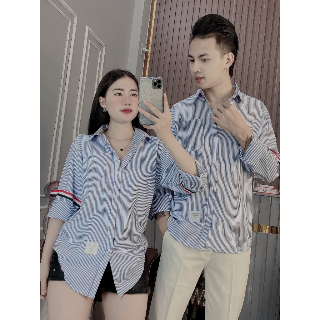 Áo sơ mi nam kẻ sọc xanh tay dài viền vải cotton co giãn cao cấp-AHFASHION