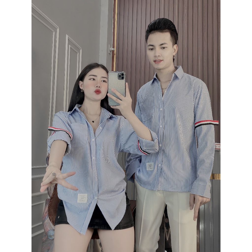 Áo sơ mi nam kẻ sọc xanh tay dài viền vải cotton co giãn cao cấp-AHFASHION