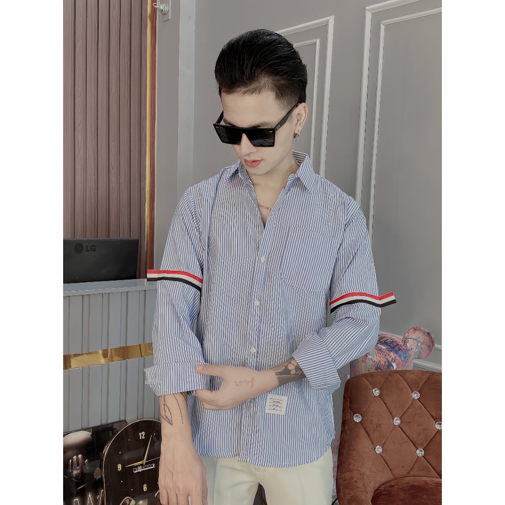 Áo sơ mi nam kẻ sọc xanh tay dài viền vải cotton co giãn cao cấp-AHFASHION