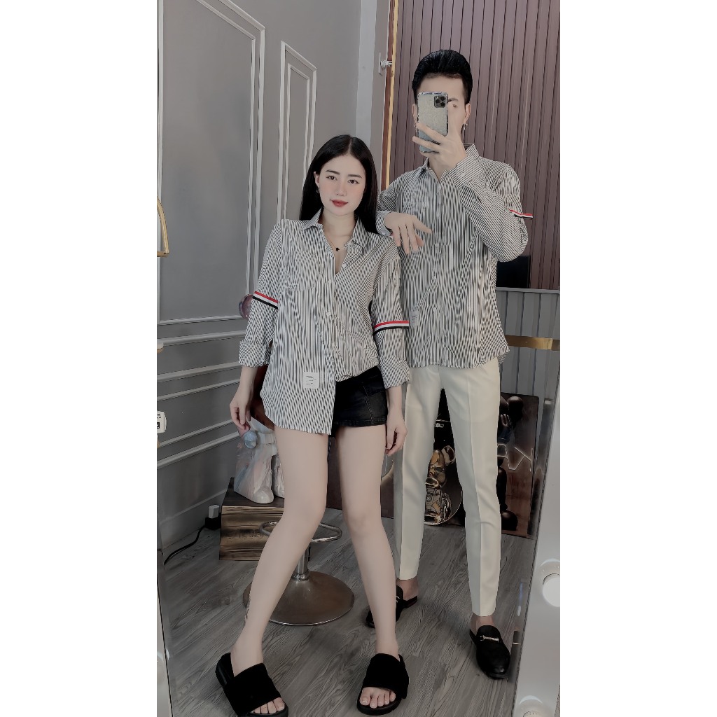 Áo sơ mi nam kẻ sọc xanh tay dài viền vải cotton co giãn cao cấp-AHFASHION