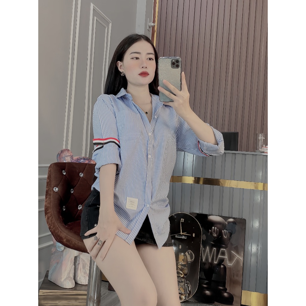 Áo sơ mi nam kẻ sọc xanh tay dài viền vải cotton co giãn cao cấp-AHFASHION