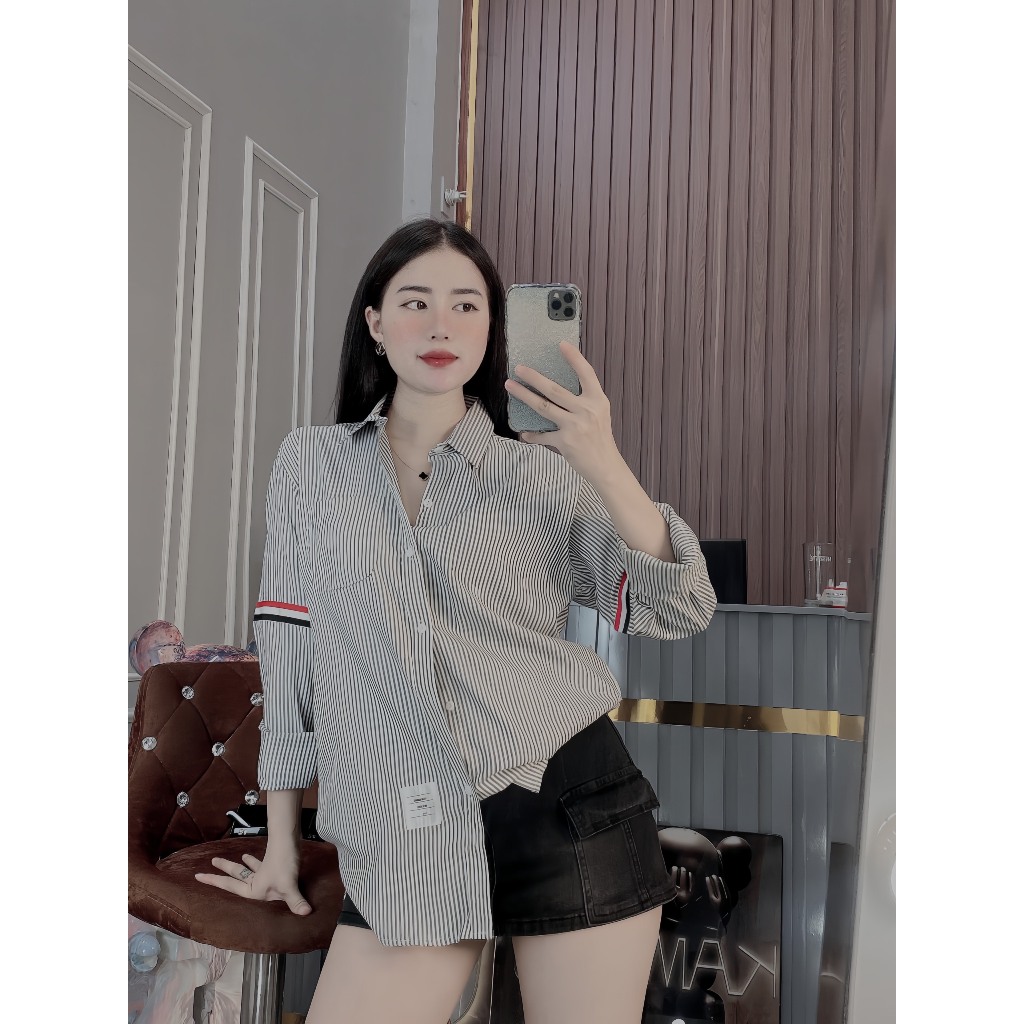 Áo sơ mi nam kẻ sọc xanh tay dài viền vải cotton co giãn cao cấp-AHFASHION