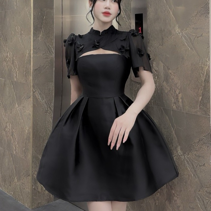 Váy Tapta Phối Tơ Cổ Tàu Đính Hoa