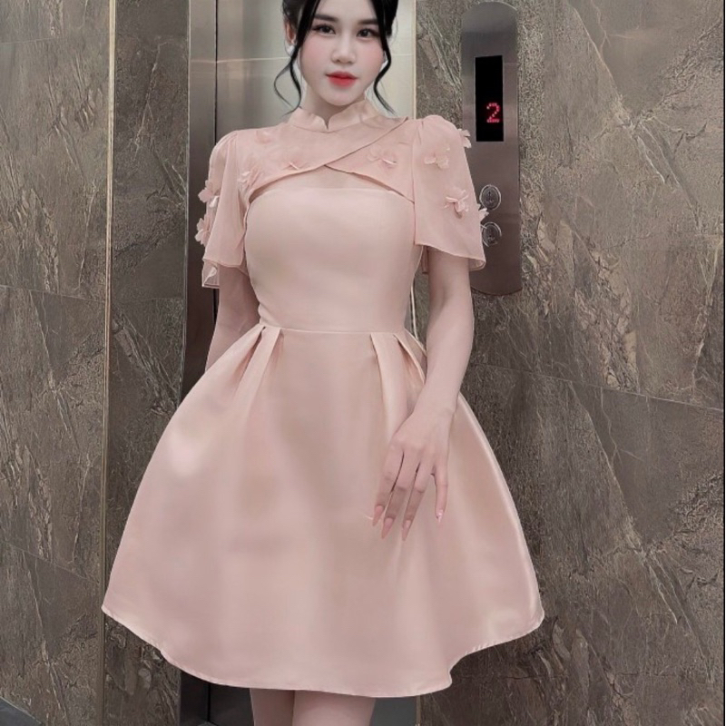 Váy Tapta Phối Tơ Cổ Tàu Đính Hoa