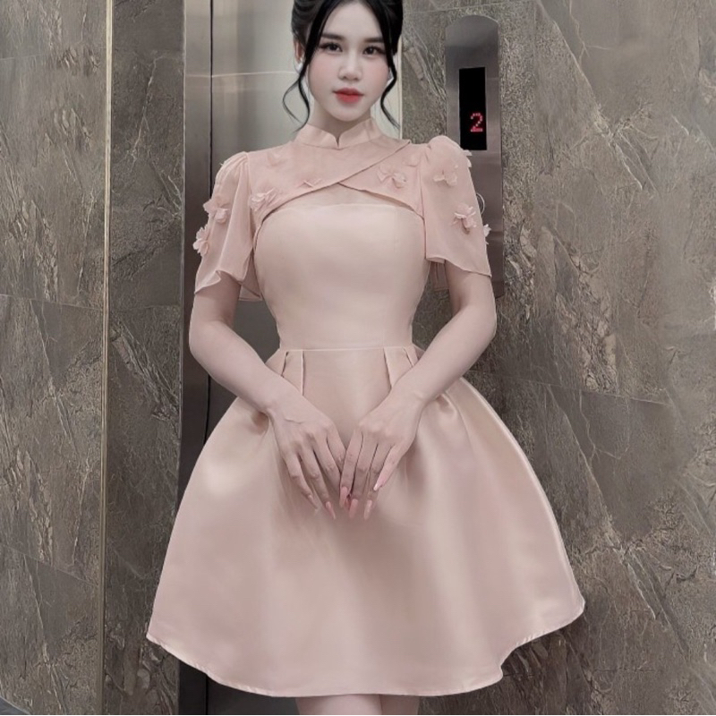 Váy Tapta Phối Tơ Cổ Tàu Đính Hoa