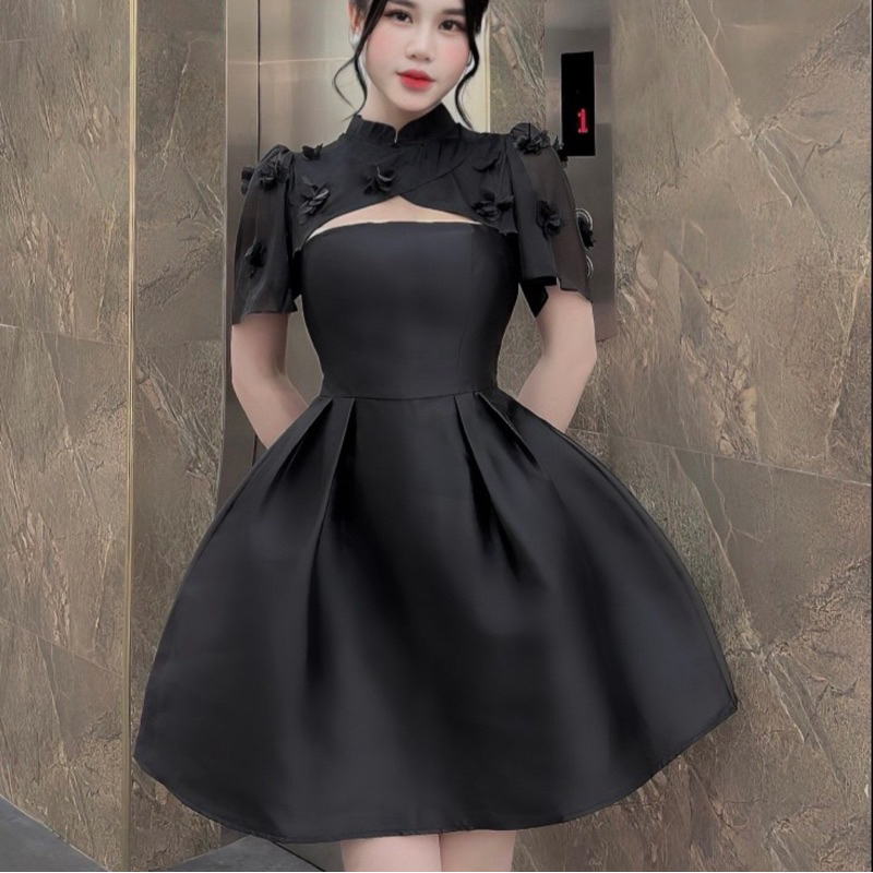 Váy Tapta Phối Tơ Cổ Tàu Đính Hoa