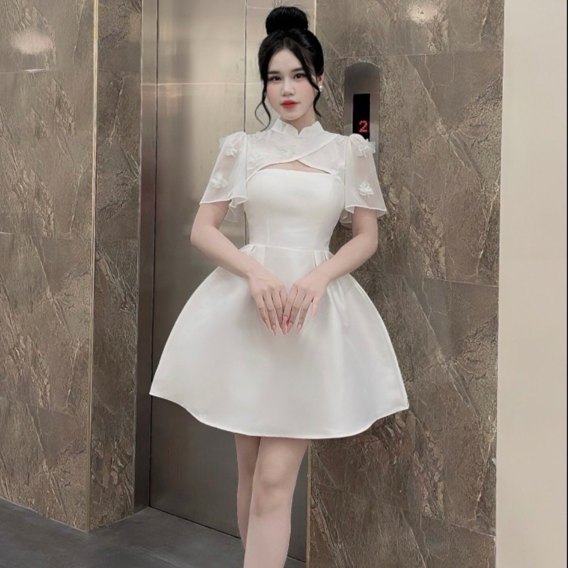 Váy Tapta Phối Tơ Cổ Tàu Đính Hoa