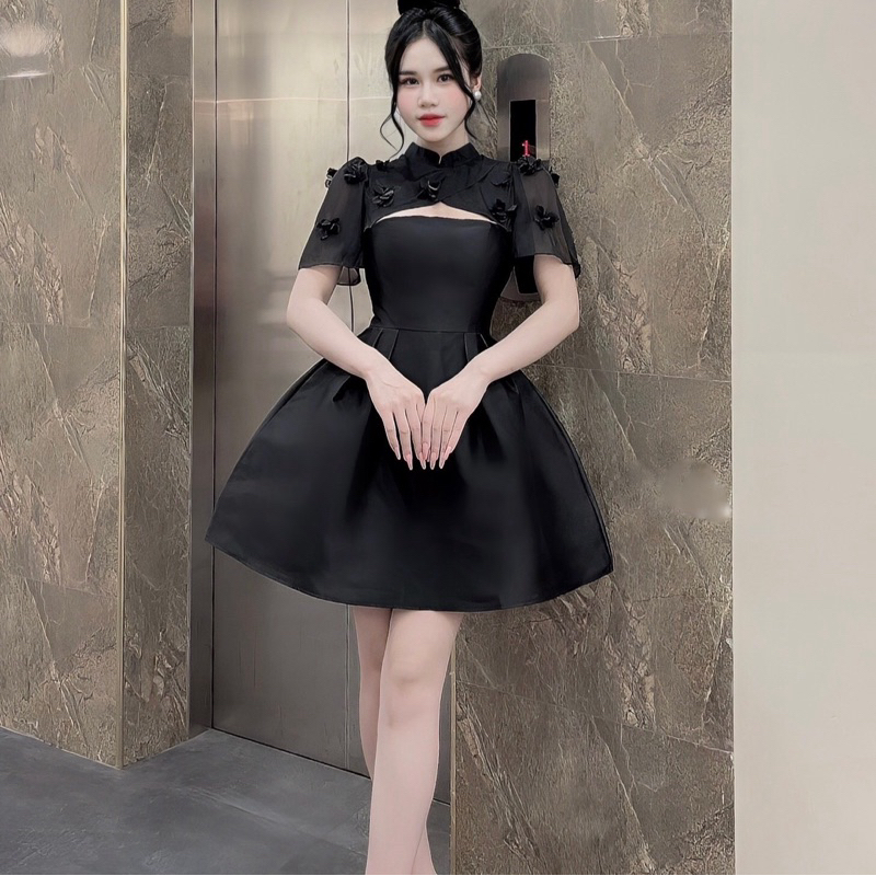 Váy Tapta Phối Tơ Cổ Tàu Đính Hoa