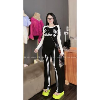 Set bộ nữ dài tay in logo kèm quần dài ống rộng