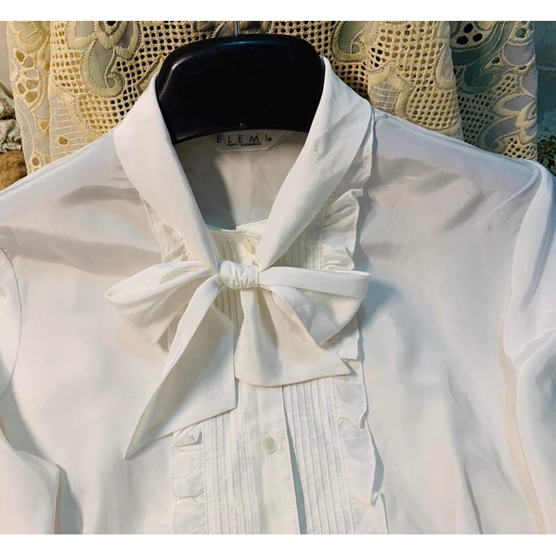 Áo sơ mi blouse lụa lolita vintage dáng ngắn form Âu tiểu thư cổ nơ tay bồng hàng Nhật