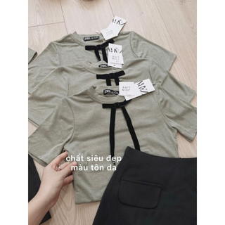 Sét bộ áo len zip cổ nơ chân váy đen