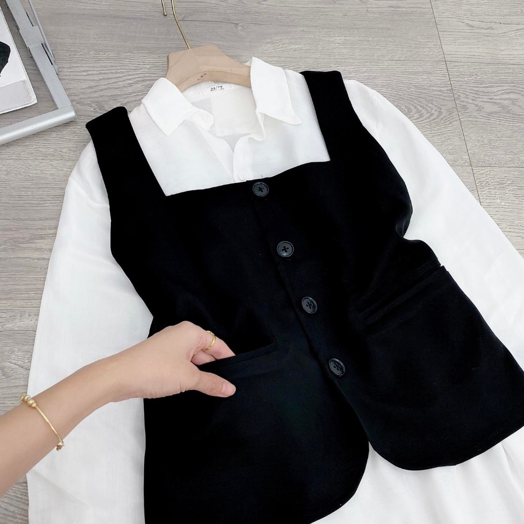 MUA 1 ĐƯỢC 2 - SET VÁY ĐẦM SƠ MI ĐŨI LỤA MIX GILE TUYẾT MƯA RỜI, SET ÁO VÁY ÁO ĐẦM SƠ MI JISUN'S BOUTIQUE