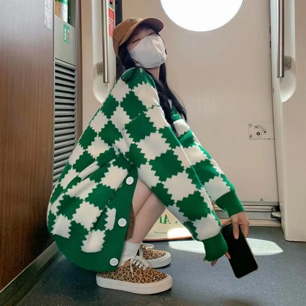 Áo Khoác Cadigan Nữ Tay Dài Dáng Rộng, Áo Cardigan Họa Tiết Karo Chất Nỉ 3 Màu Siêu Xinh