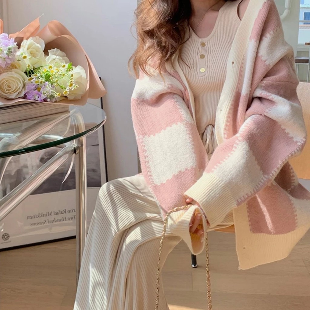 Áo Khoác Cadigan Nữ Tay Dài Dáng Rộng, Áo Cardigan Họa Tiết Karo Chất Nỉ 3 Màu Siêu Xinh