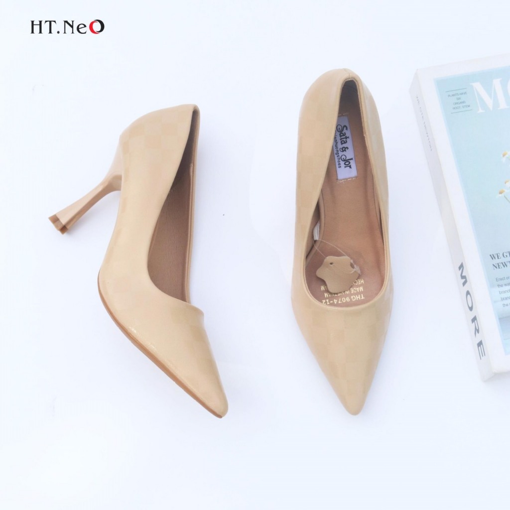 Giày Cao Gót Nữ HT.NeO Da Thật Êm Mềm , Gót Cao 8cm , Thiết Kế Kẻ Vân Sang Trọng GC12