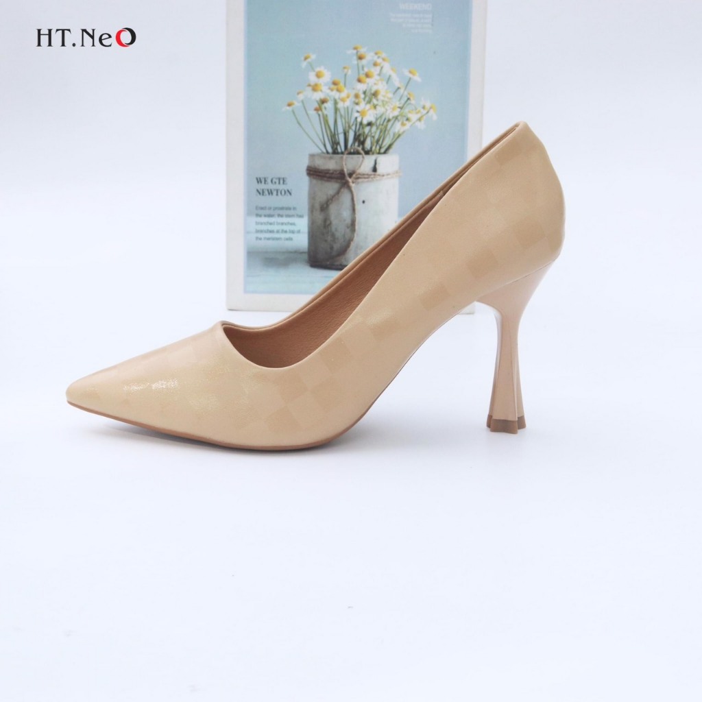 Giày Cao Gót Nữ HT.NeO Da Thật Êm Mềm , Gót Cao 8cm , Thiết Kế Kẻ Vân Sang Trọng GC12