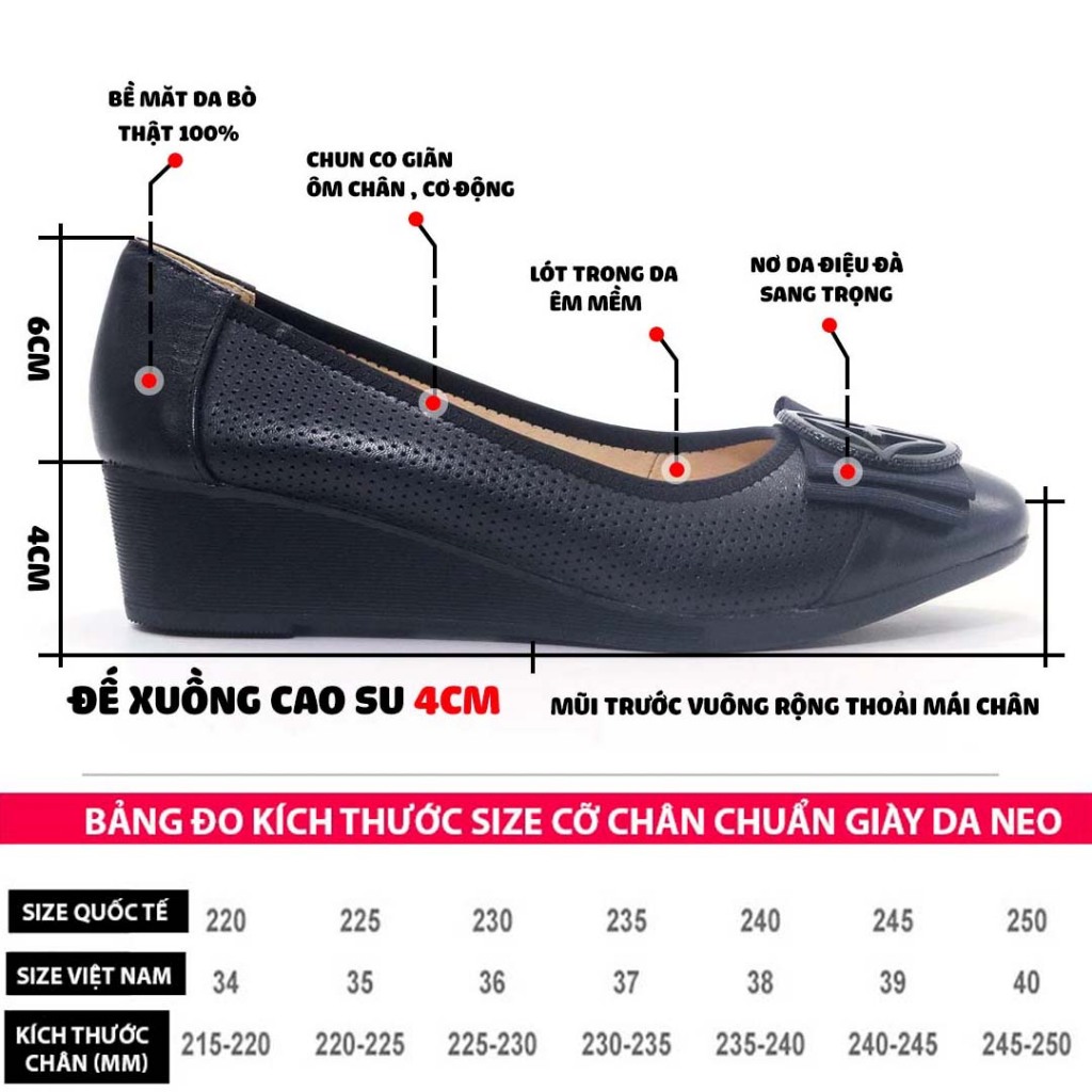 Giày da nữ trung niên đế xuồng 4cm HT.NeO, Giày nữ búp bê đế cao tôn dáng mũi tròn thoải mái phong cách 4 mùa GDN1906