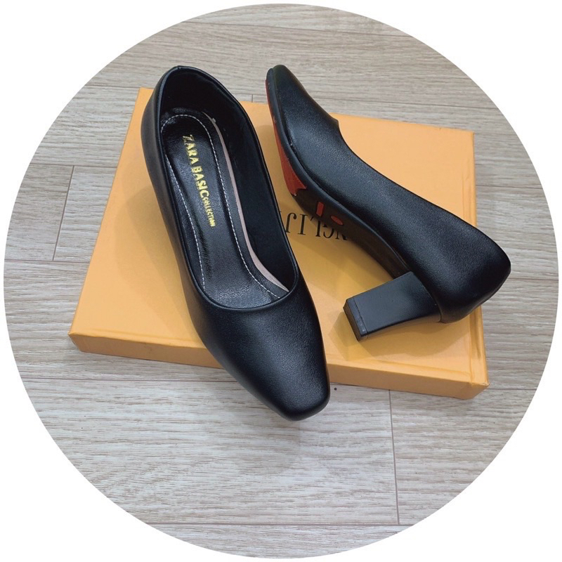 Giày cao gót công sở nữ mũi vuông đế vuông đơn giản thanh lịch da lì