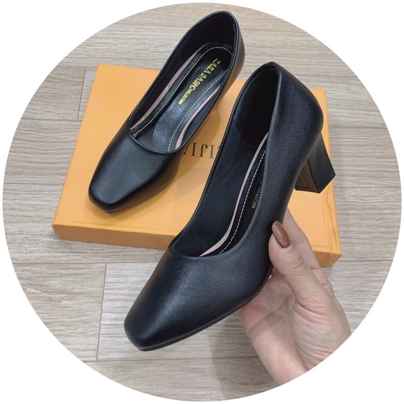 Giày cao gót công sở nữ mũi vuông đế vuông đơn giản thanh lịch da lì