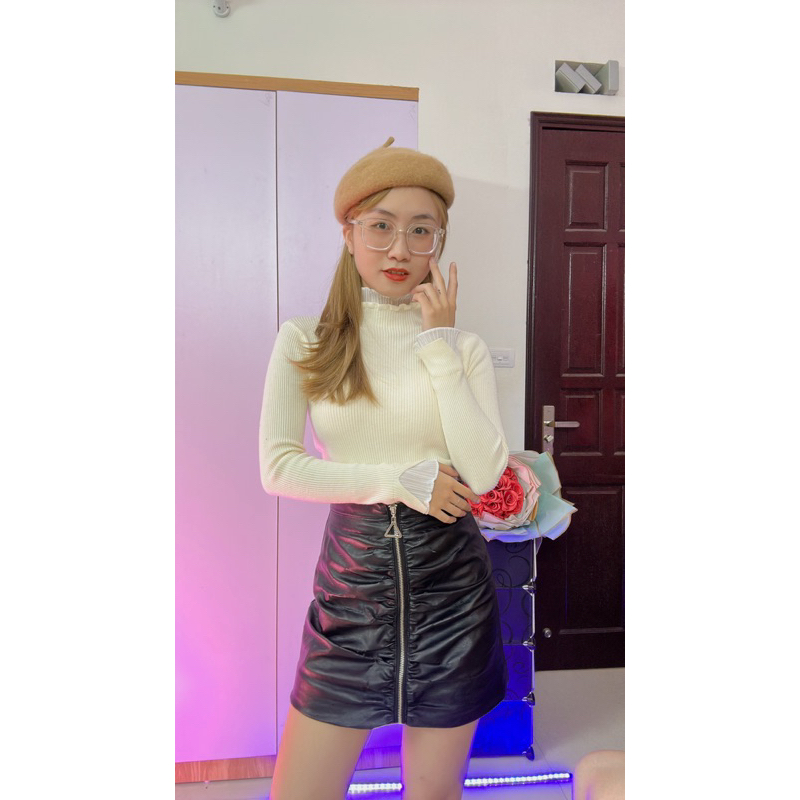 Áo len body viền cổ trắng ôm sát bó eo tôn dáng xinh đẹp A21