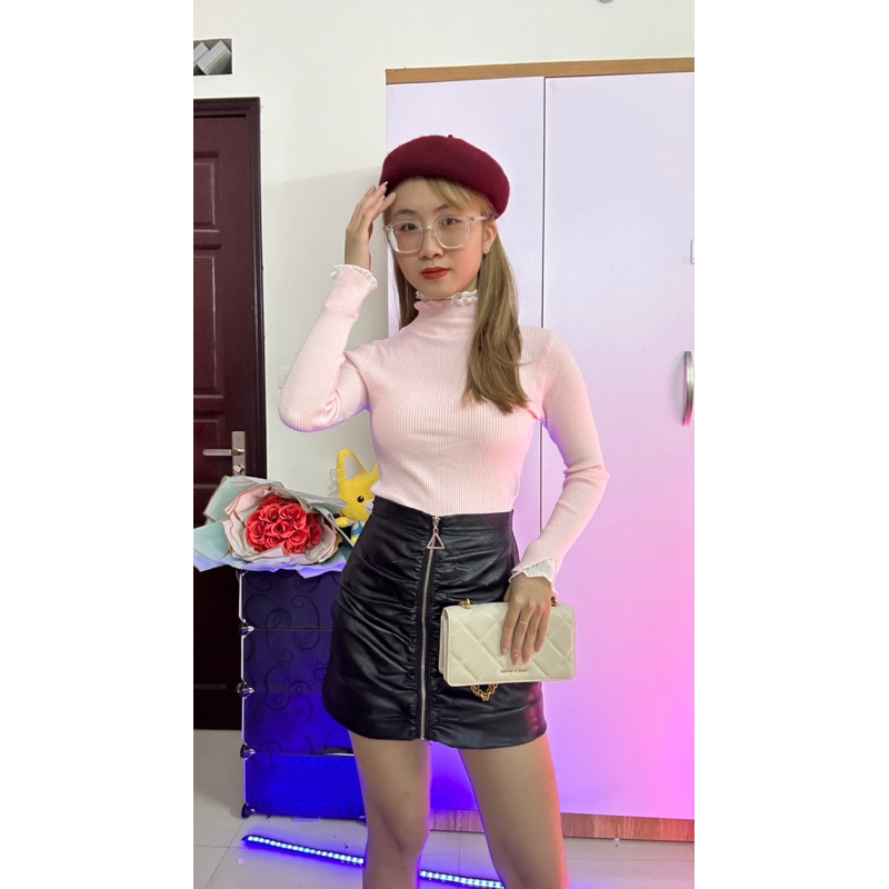 Áo len body viền cổ trắng ôm sát bó eo tôn dáng xinh đẹp A21