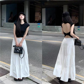 ( Váy maxi 2 lớp ) Chân váy dài dáng tầng form xòe tiểu thư Unnie chân váy dài xoè nhiều tầng cột nơ màu trắng sang