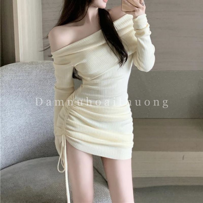 Đầm body trễ vai rút dây hông tôn dáng màu đen, nude, nâu - Đầm Nữ Hoài Thương