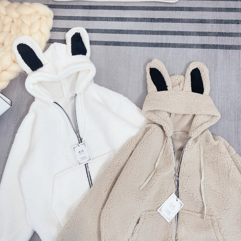 Áo khoác lông cừu tai thỏ trơn tay bồng nâu trắng form rộng dễ thương, Áo khoác hoodie lông gấu ấm áp ulzzang hàn quốc