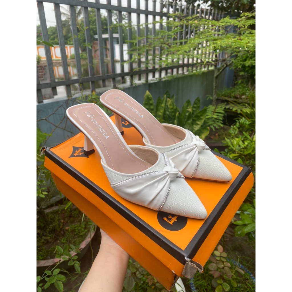 Giày Sục Nữ Mũi Nhọn Đế 7 Phân Mẫu Mới Siêu Đẹp, Gìay Cao Gót Da Mềm Phối Nơ Đính Đá Thời Trang Full Box