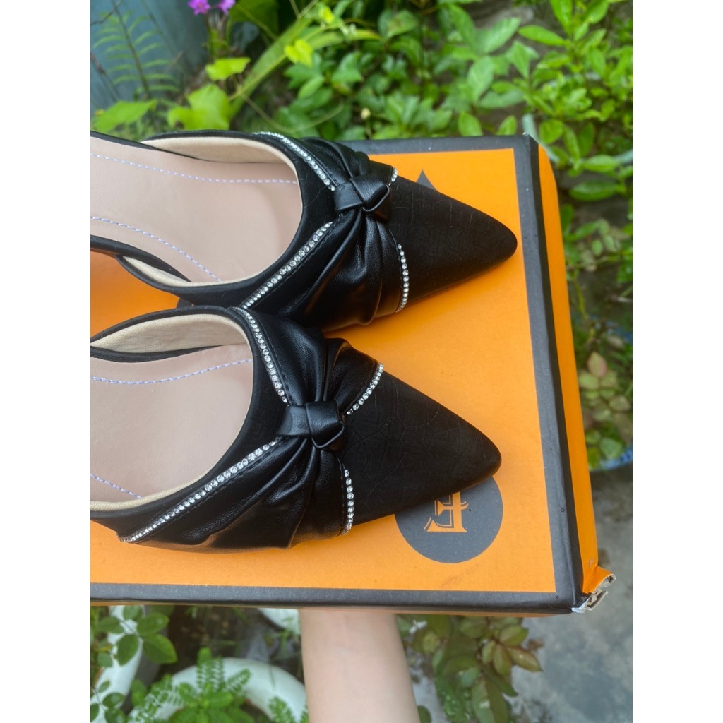 Giày Sục Nữ Mũi Nhọn Đế 7 Phân Mẫu Mới Siêu Đẹp, Gìay Cao Gót Da Mềm Phối Nơ Đính Đá Thời Trang Full Box