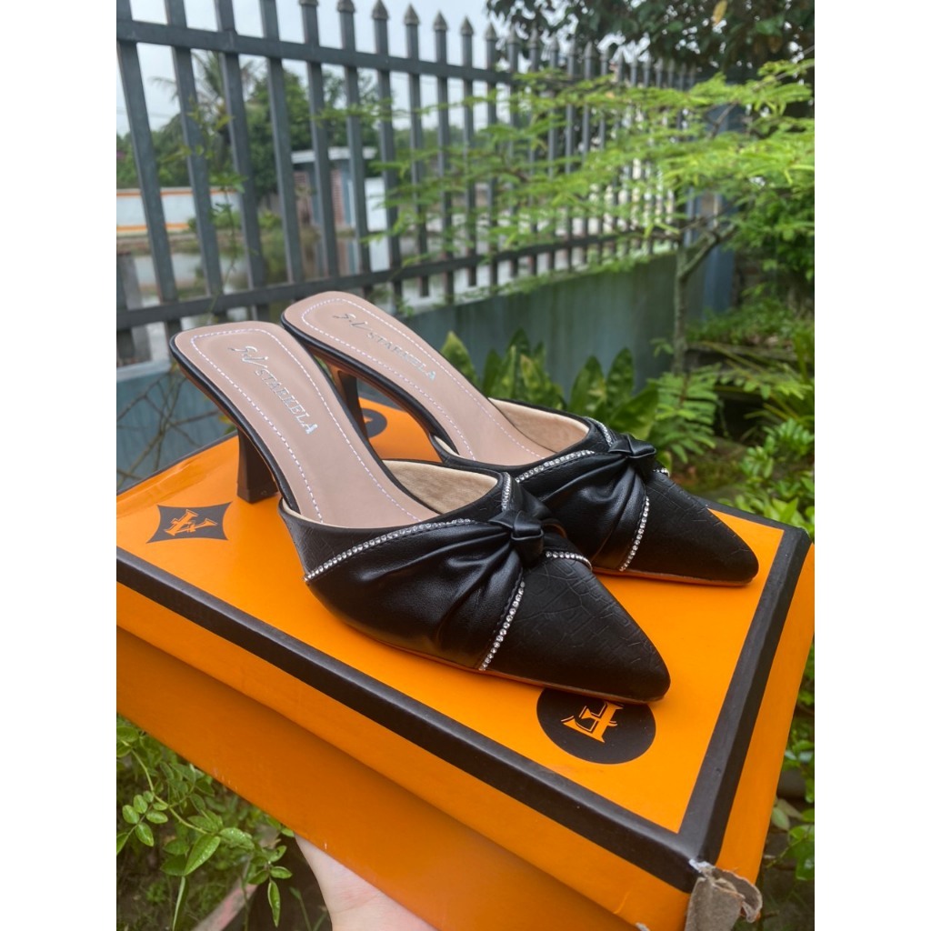Giày Sục Nữ Mũi Nhọn Đế 7 Phân Mẫu Mới Siêu Đẹp, Gìay Cao Gót Da Mềm Phối Nơ Đính Đá Thời Trang Full Box