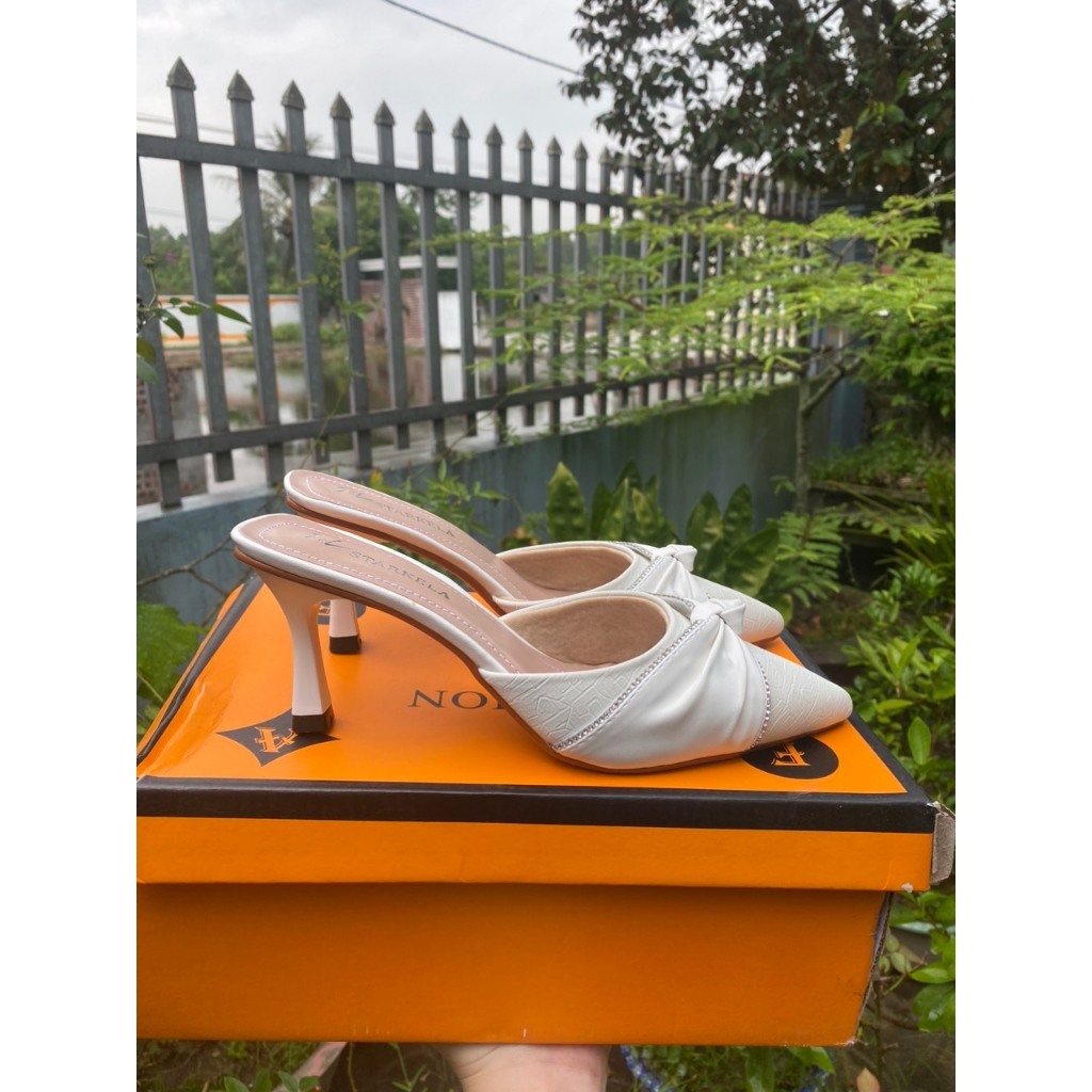 Giày Sục Nữ Mũi Nhọn Đế 7 Phân Mẫu Mới Siêu Đẹp, Gìay Cao Gót Da Mềm Phối Nơ Đính Đá Thời Trang Full Box