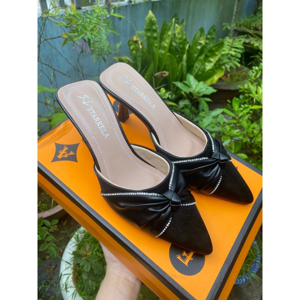 Giày Sục Nữ Mũi Nhọn Đế 7 Phân Mẫu Mới Siêu Đẹp, Gìay Cao Gót Da Mềm Phối Nơ Đính Đá Thời Trang Full Box