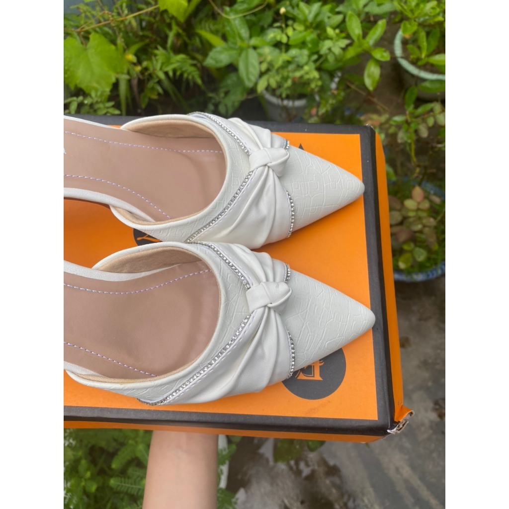 Giày Sục Nữ Mũi Nhọn Đế 7 Phân Mẫu Mới Siêu Đẹp, Gìay Cao Gót Da Mềm Phối Nơ Đính Đá Thời Trang Full Box