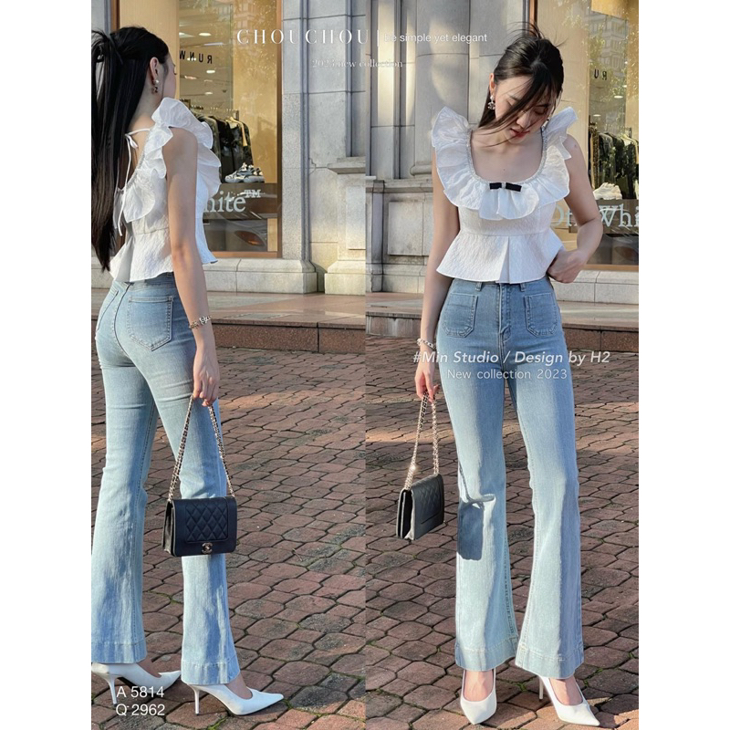 Áo Thô Ren Cổ Bèo Đính Đá Nơ Ngực MIN • Melanie Boutique