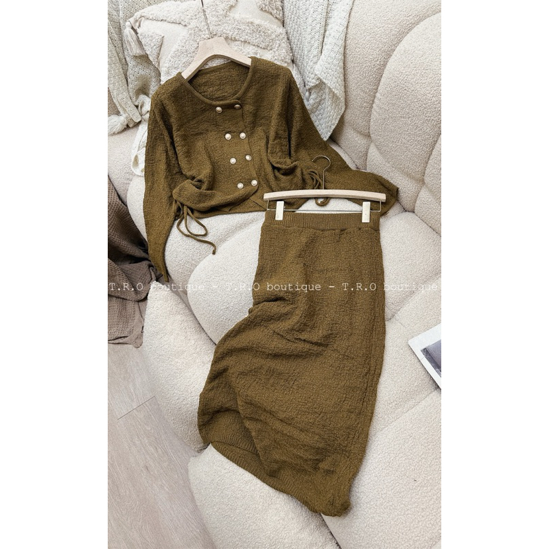Set áo len dây rút eo cv midi QC