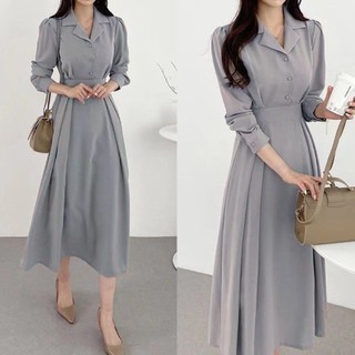 ĐẦM TAY DÀI CỔ VEST NÚT BỌC