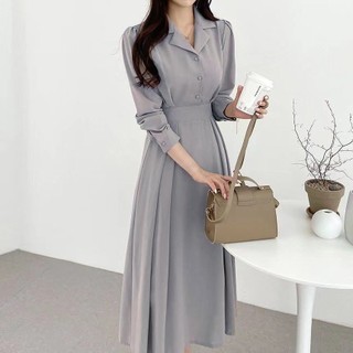 ĐẦM TAY DÀI CỔ VEST NÚT BỌC