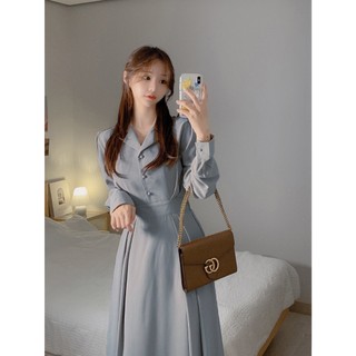ĐẦM TAY DÀI CỔ VEST NÚT BỌC