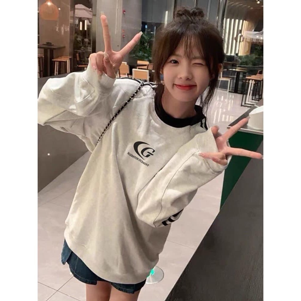 Áo nỉ bông sweater,  Áo Sweater phối 3 sọc tay áo unisex chất nỉ bông dày dặn mềm mịn kute H 16