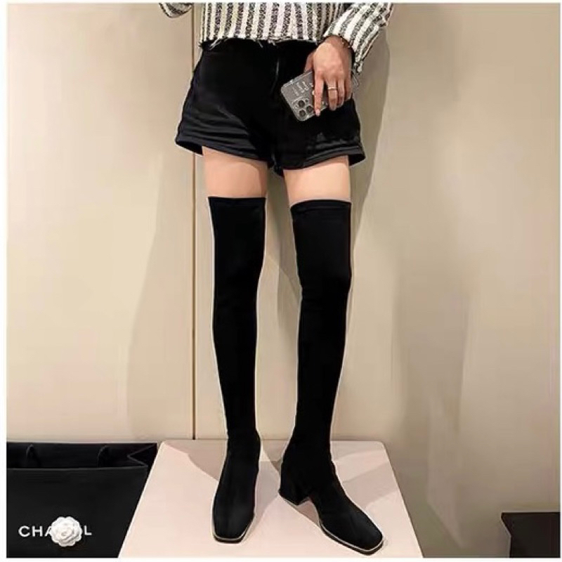 Bốt đùi nữ da lộn ôm chân lót lông gót vuông cao 5cm có khoá kéo