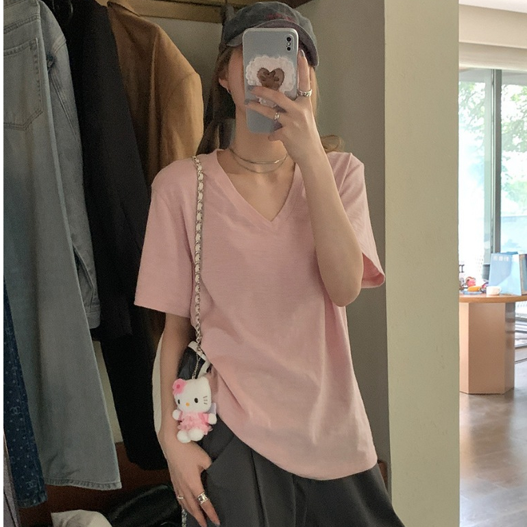 Áo thun xược cotton nữ cổ tim tay ngắn,thun giấy cổ tim nữ cổ V nữ NEON , phong cách Basic Hàn Quốc