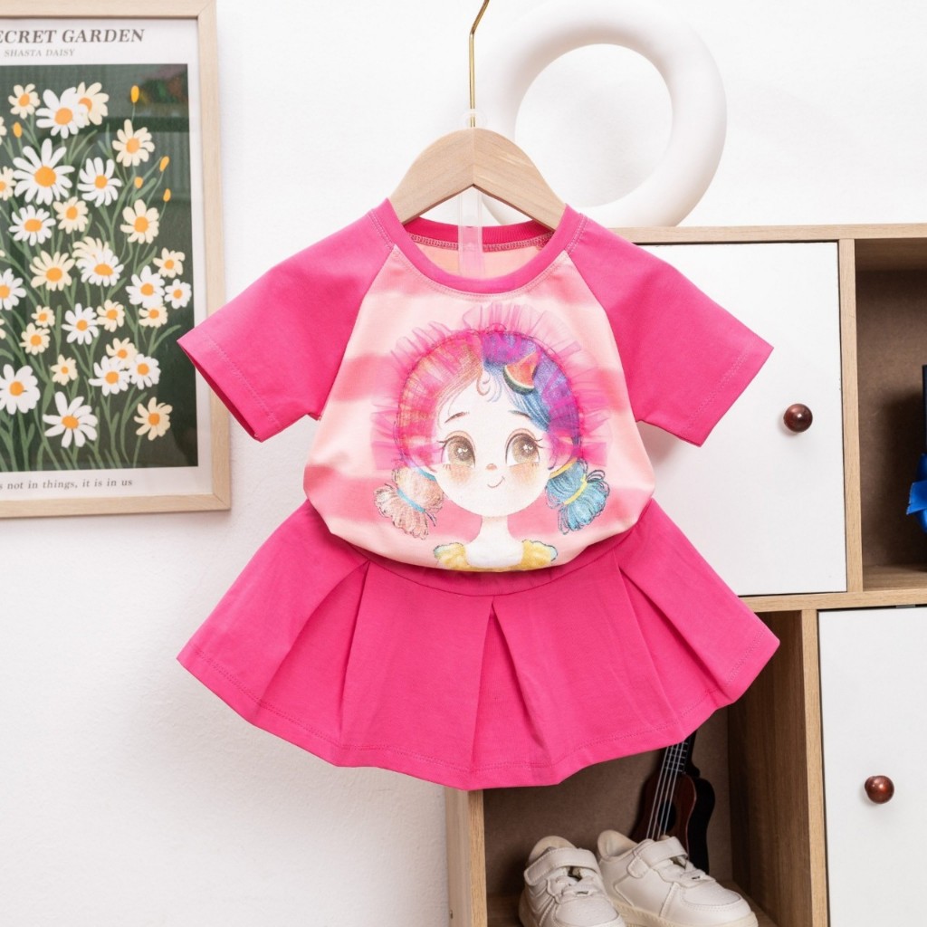 10kg - 38kg set váy bé gái 1 tuổi - 12 tuổi chất cotton chính phẩm mềm mịn mát thấm hút mồ hôi chân váy kèm chip