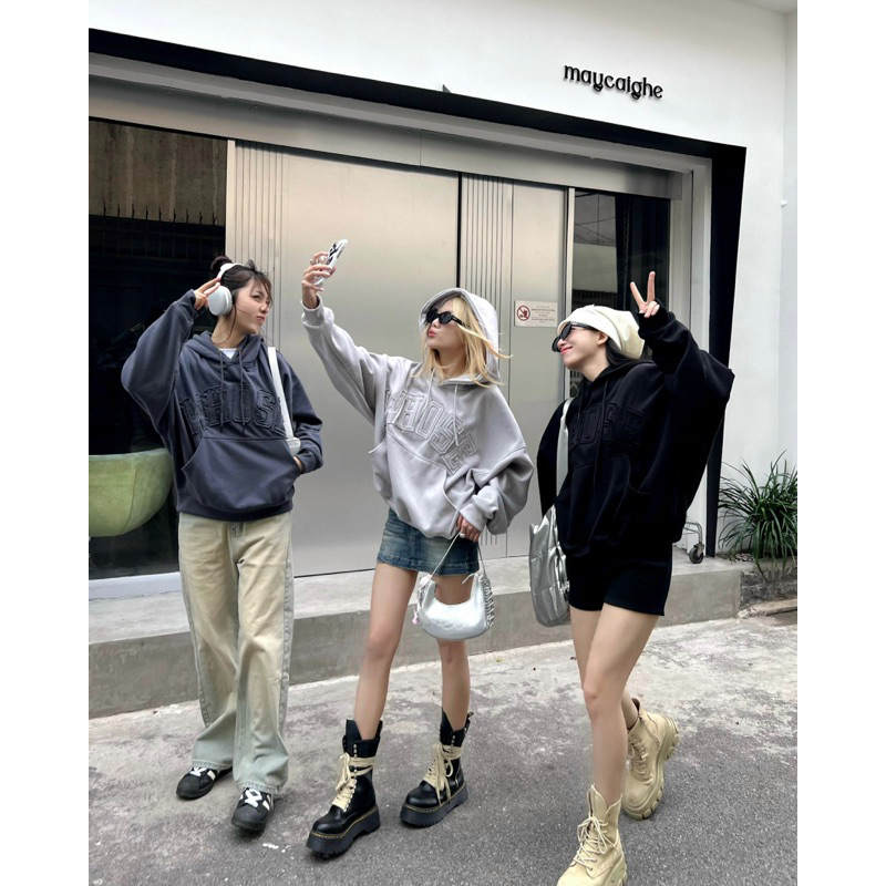 Áo Hoodie Boxy , Hoodie Thêu Đắp Vải WHOSE Form Rộng Mũ Trùm 2 Lớp Vải Cotton Nỉ Cao Cấp