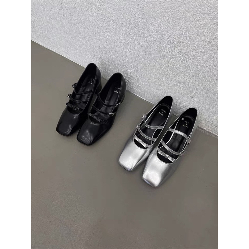 Giày Mary Jane 2 quai cài phối nơ mũi vuông đế 5cm tiểu thư xinh xắn