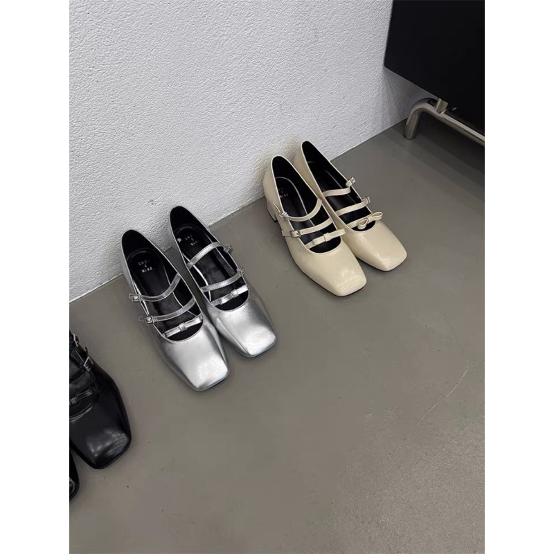 Giày Mary Jane 2 quai cài phối nơ mũi vuông đế 5cm tiểu thư xinh xắn
