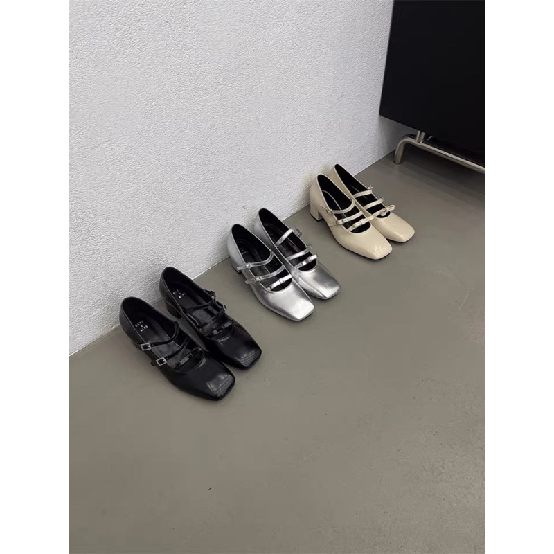 Giày Mary Jane 2 quai cài phối nơ mũi vuông đế 5cm tiểu thư xinh xắn
