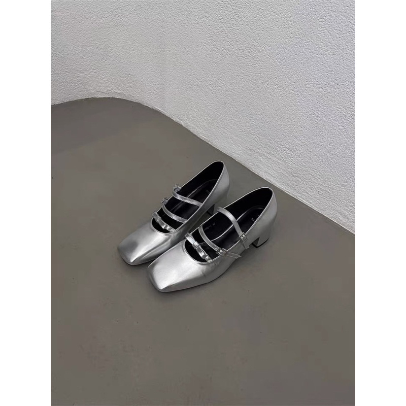 Giày Mary Jane 2 quai cài phối nơ mũi vuông đế 5cm tiểu thư xinh xắn
