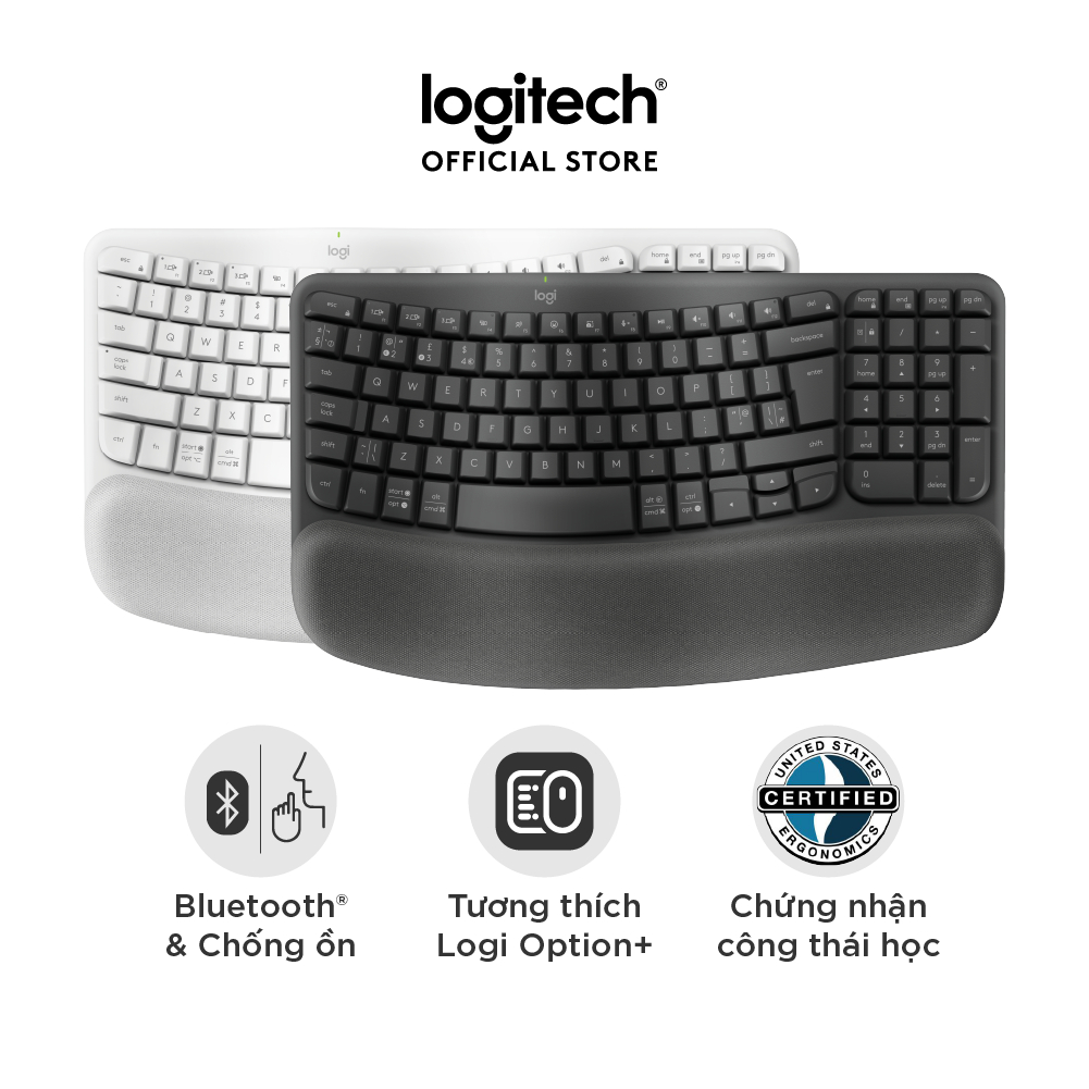 Bàn phím không dây công thái học Logitech Wave Keys - Kết nối Bluetooth, Gác tay, Windows, MacOs