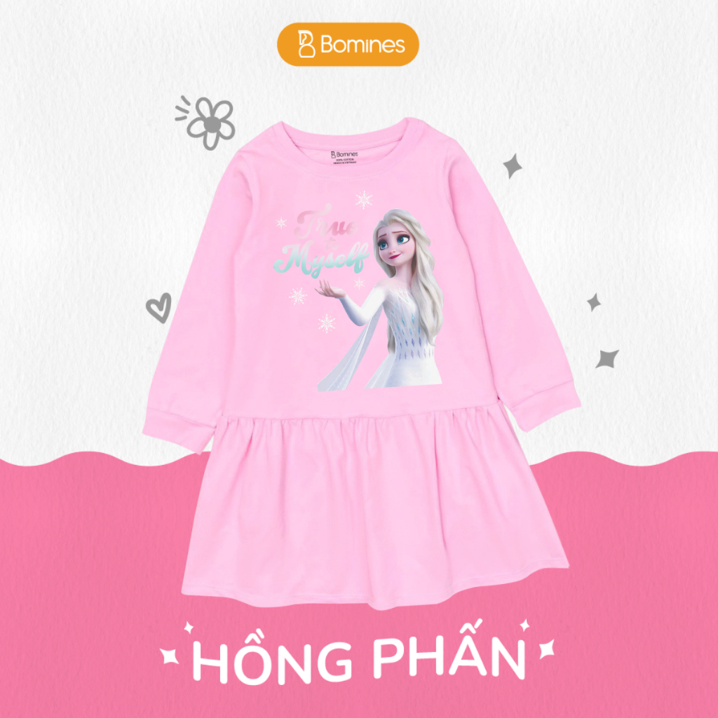 Váy bé gái tay dài mùa thu, Đầm công chúa Elsa Bomines thun cotton cho bé từ 3- 10 tuổi khoảng 12-36kg DTDELSANHIEUHINH